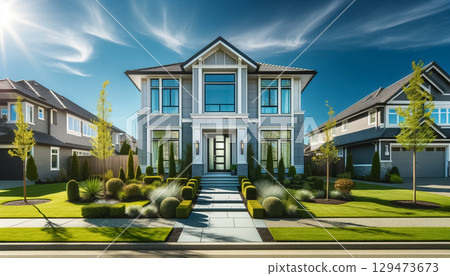 Illuminated by the bright afternoon sun, this modern two-story suburban home features light gray siding and elegant frosted glass doors, surrounded by a neatly landscaped yard and a vibrant blue sky. 129473673