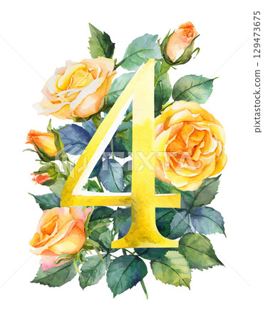 Watercolor yellow number 4 decorated with flowers on white isolated background. Birthday 4 years. Romantic 129473675