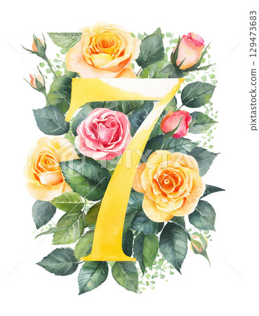Watercolor yellow number 7 decorated with flowers on white isolated background. Birthday 7 years. Romantic 129473683