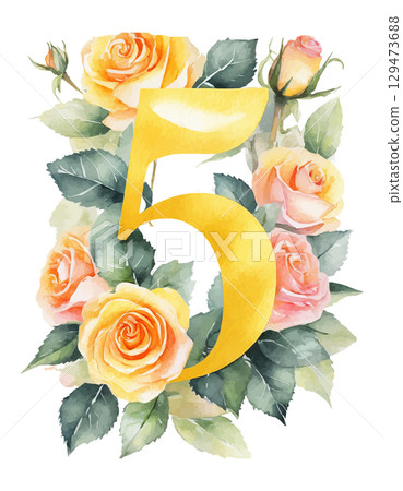 Watercolor yellow number 5 decorated with flowers on white isolated background. Birthday 5 years. Romantic 129473688