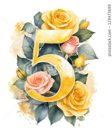 Watercolor yellow number 5 decorated with flowers on white isolated background. Birthday 5 years. Romantic 129473689