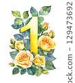 Watercolor yellow number 1 decorated with flowers on white isolated background. Birthday 1 year. Romantic 129473692
