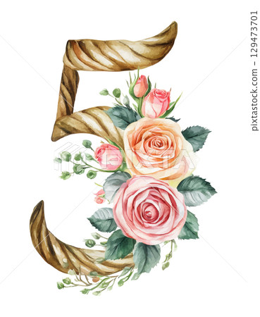 Watercolor wooden numbers decorated with flowers roses set 1,2,3,4,5,6,7,8,9 on white isolated background. Birthday. 129473701