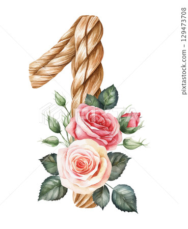 Watercolor wooden numbers decorated with flowers roses set 1,2,3,4,5,6,7,8,9 on white isolated background. Birthday. 129473708