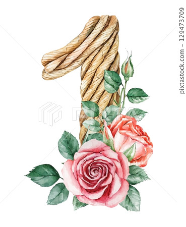 Watercolor wooden numbers decorated with flowers roses set 1,2,3,4,5,6,7,8,9 on white isolated background. Birthday. 129473709