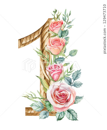 Watercolor wooden numbers decorated with flowers roses set 1,2,3,4,5,6,7,8,9 on white isolated background. Birthday. 129473710