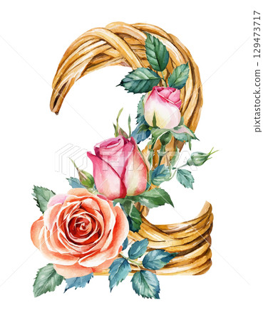 Watercolor wooden numbers decorated with flowers roses set 1,2,3,4,5,6,7,8,9 on white isolated background. Birthday. 129473717