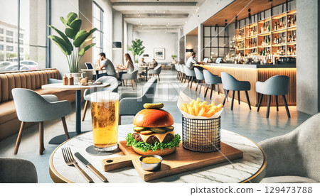 A modern cafe featuring a gourmet burger with melted cheese, lettuce, and pickles, served with fries and a cold beer. The bright, airy space includes large windows, minimalist decor, and patrons 129473788