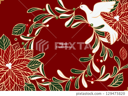 聖誕節向量插圖。聖誕花圈由槲寄生和一品紅製成，還有幸運的白鴿。 129473820