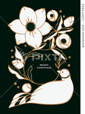Christmas vector illustration. Lucky white dove and Christmas rose. Frame material 129473842