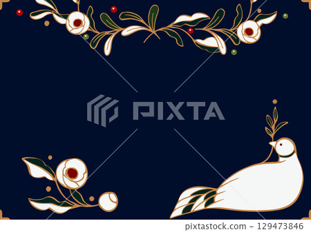 Christmas vector illustration. Lucky white dove and Christmas rose. Frame material 129473846