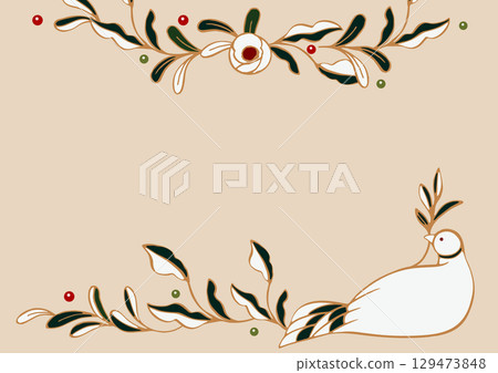 Christmas vector illustration. Lucky white dove and Christmas rose. Frame material 129473848