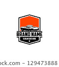 Isolated car logo design. Rear view with a beautiful orange background. Set of ready-to-use isolated logo templates. 129473888