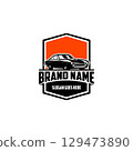A legendary silhouette car logo concept from the front view against a sunset backdrop. Suitable for industries related to logos, badges, and emblems. 129473890