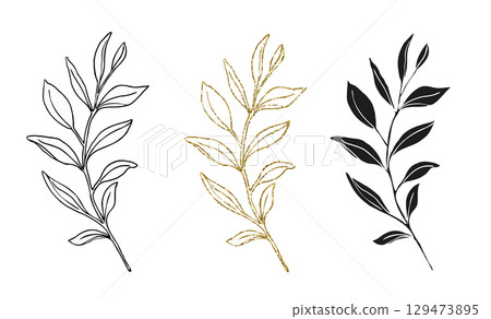 Palm leaves line art, silhouette and glitter simple hand drawn vector illustration set, isolate on white background Palm leaves line art, silhouette and glitter simple hand drawn vector illustration set, isolate on white background 129473895