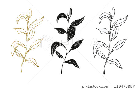Palm leaves line art, silhouette and glitter simple hand drawn vector illustration set, isolate on white background 129473897