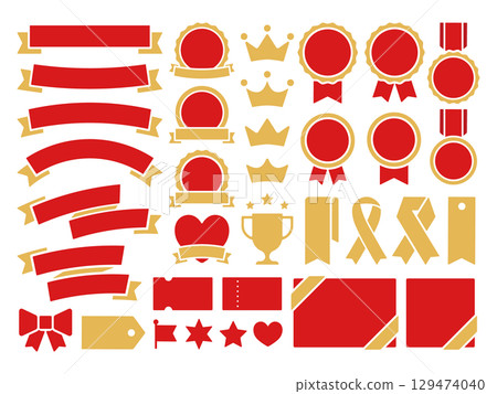皇冠、獎章、絲帶裝飾、獎章和其他獎項和表彰裝飾圖標集向量插圖 129474040