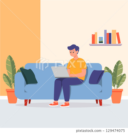 freelance man using laptop on sofa at home office flat design vector illustration work from home background freelance man using laptop on sofa at home office flat design vector illustration work from home background 129474075