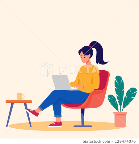 freelance woman using laptop on chair at home office flat design vector illustration work from home background 129474076