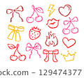 Ribbon bow, cherry, heart shape, kissing lips, flame, strawberry, queen crown. Whimsy coquette hand drawn contour stickers look like crayon drawing Ribbon bow, cherry, heart shape, kissing lips, flame, strawberry, queen crown. Whimsy coquette hand drawn contour stickers look like crayon drawing 129474377