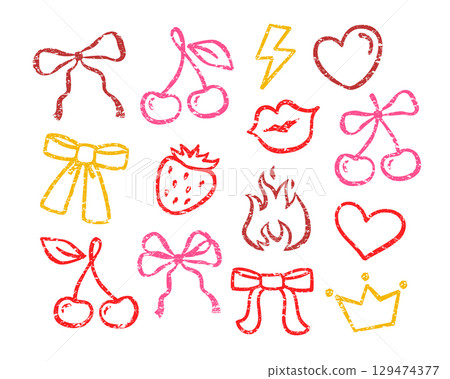 Ribbon bow, cherry, heart shape, kissing lips, flame, strawberry, queen crown. Whimsy coquette hand drawn contour stickers look like crayon drawing Ribbon bow, cherry, heart shape, kissing lips, flame, strawberry, queen crown. Whimsy coquette hand drawn contour stickers look like crayon drawing 129474377
