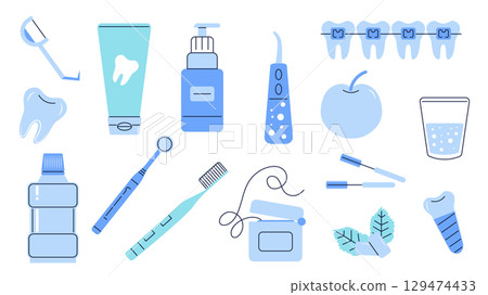 Teeth care tools set of isolated elements. Collection of floss, toothpaste, irrigator, tooth braces, water glass, brushes, electric toothbrush, mint chewing gum, more equipment. Vector illustration. Teeth care tools set of isolated elements. Collection of floss, toothpaste, irrigator, tooth braces, water glass, brushes, electric toothbrush, mint chewing gum, more equipment. Vector illustration. 129474433