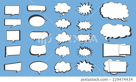 Speech bubbles set of isolated elements. Collection of white comic message balloons with outline frames, empty dialogue templates with cloud, squared and explosion shape forms. Vector illustration. 129474434