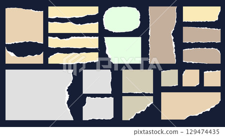 Ripped paper set of isolated elements. Collection of torn fragment, page pieces, notebook borders with rough damaged frames, empty ragged templates for scrapbook decoration. Vector illustration. 129474435