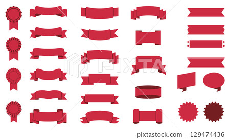 Red ribbon banners set of isolated elements. Collection of curled and folded blank labels and headers, medal badges, promotion coupons and tags, empty speech bubble templates. Vector illustration. 129474436