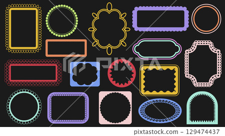 Psychedelic y2k squiggle photo frames set of isolated elements. Collection of groovy borders with zigzags, rippled, corrugated and other edges, rectangular, round and arch forms. Vector illustration. 129474437
