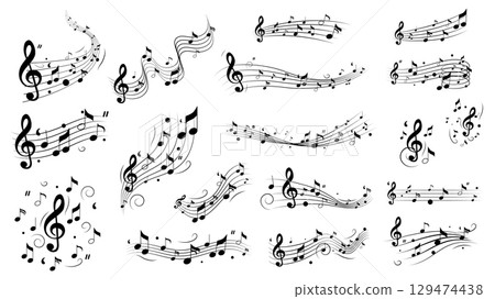 Music notes waves set of isolated elements. Collection of black musician composition flying and flowing, abstract musical melody patterns, classical symphony song vignetting. Vector illustration. Music notes waves set of isolated elements. Collection of black musician composition flying and flowing, abstract musical melody patterns, classical symphony song vignetting. Vector illustration. 129474438