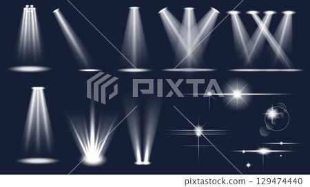 Light effects set of isolated elements. Collection of white glow spotlights, focused stage floodlights and backlights different directions, shiny stars and sparks with lens flare. Vector illustration. 129474440