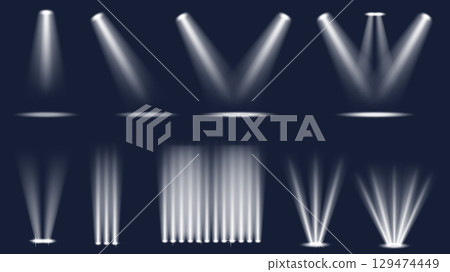 Light effects set of isolated elements. Collection of transparent white spotlights and backlights, stage floodlights with glow beams, floor lightning with highlight directions. Vector illustration. Light effects set of isolated elements. Collection of transparent white spotlights and backlights, stage floodlights with glow beams, floor lightning with highlight directions. Vector illustration. 129474449