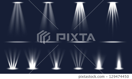 Light effects set of isolated elements. Collection of transparent white spotlights, focused stage floodlights, theatrical visual dramatic lightings and performance backlights. Vector illustration. 129474450