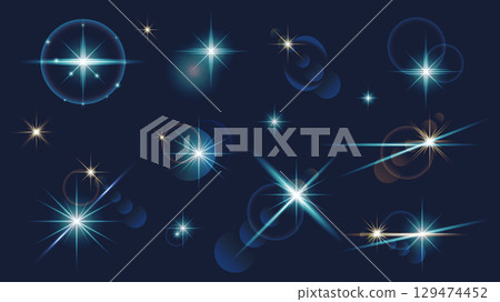 Light effects set of isolated elements. Collection of blue and yellow stars and sparkles, glowing with soft lens flare halo, glistering vibrant magical shimmers with particles. Vector illustration. Light effects set of isolated elements. Collection of blue and yellow stars and sparkles, glowing with soft lens flare halo, glistering vibrant magical shimmers with particles. Vector illustration. 129474452