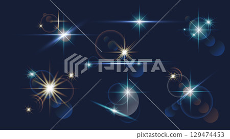 Light effects set of isolated elements. Collection of bright yellow and blue stars and sparks with soft lens flare halo, glistering magical shimmers with illuminated glowing. Vector illustration. Light effects set of isolated elements. Collection of bright yellow and blue stars and sparks with soft lens flare halo, glistering magical shimmers with illuminated glowing. Vector illustration. 129474453