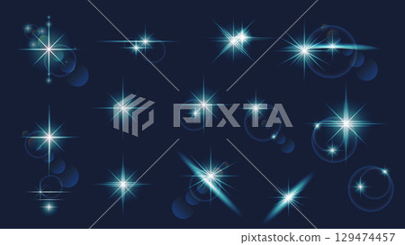 Light effects set of isolated elements. Collection of blue bright stars and sparks with soft lens flare halo, illuminated starlight glow and shine, glistering magical shimmers. Vector illustration. 129474457