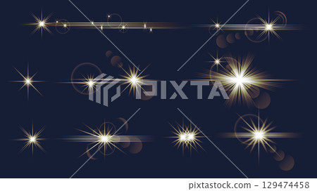 Light effects set of isolated elements. Collection of gold bright stars and sparks with orange lens flare halo, illuminated yellow sunlight glow and shine, glistering sunshines. Vector illustration. Light effects set of isolated elements. Collection of gold bright stars and sparks with orange lens flare halo, illuminated yellow sunlight glow and shine, glistering sunshines. Vector illustration. 129474458