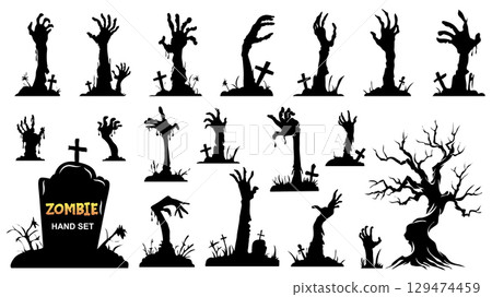 Different star shapes set of isolated elements. Collection of black silhouettes of spooky undead arms with bone fingers rising from cemetery ground, tomb graves, scary evil tree. Vector illustration. 129474459