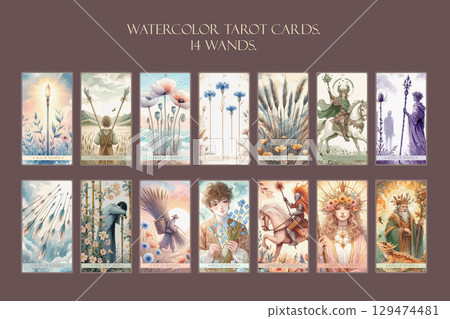 Watercolor Floral Tarot Wands Minor Arcana Collection. 129474481