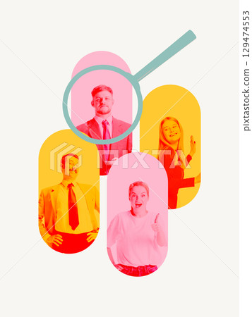 Business collage with magnifying glass on candidate 129474553