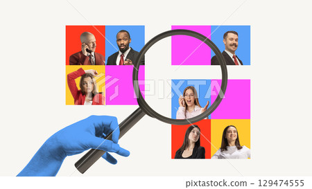 Employee search collage with magnifying glass and colorful portraits Employee search collage with magnifying glass and colorful portraits 129474555