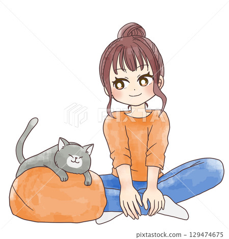 一個女孩放鬆和與貓玩耍的水彩插圖 一個女孩放鬆和與貓玩耍的水彩插圖 129474675