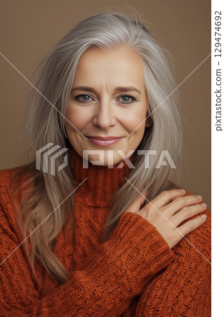 Portrait of a beautiful mature woman with long gray hair, smiling. Portrait of a beautiful mature woman with long gray hair, smiling. 129474692