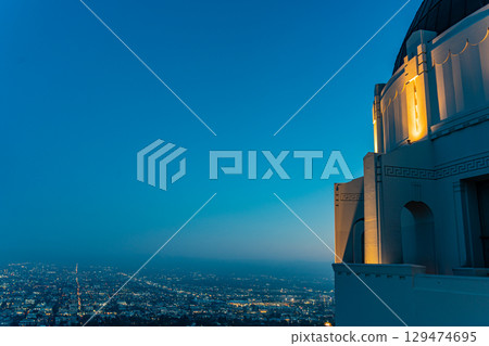 Downtown Los Angeles cityscape and night view from the Griffith Observatory, USA 129474695