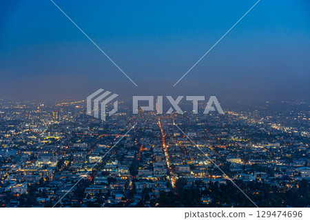 Downtown Los Angeles cityscape and night view from the Griffith Observatory, USA 129474696