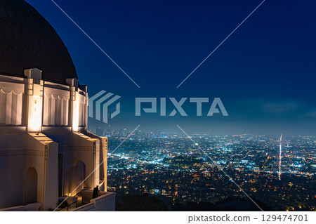 Downtown Los Angeles cityscape and night view from the Griffith Observatory, USA 129474701