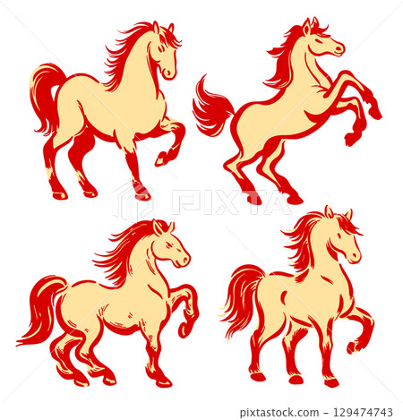 Traditional Oriental Horse Pose Set Traditional Oriental Horse Pose Set 129474743