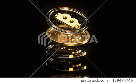 Futuristic Golden Bitcoin Coins on dark background. 3D Digital Cryptocurrency Concept 129474749
