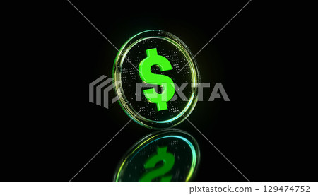 Futuristic neon Green transparent glass Dollar Coin on dark background. 3D Digital Currency Concept 129474752